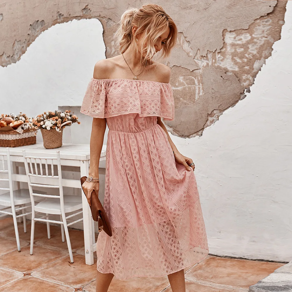 

Summer Sexy Hollow One-shoulder Lace Womens Dress Elastic Waist Casual Long Skirt Holiday Beach Skirt Party Loose