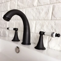 black oil rubbed bronze double handles 3 holes install widespread deck mounted bathroom sink basin faucet sink mixer tap mhg059