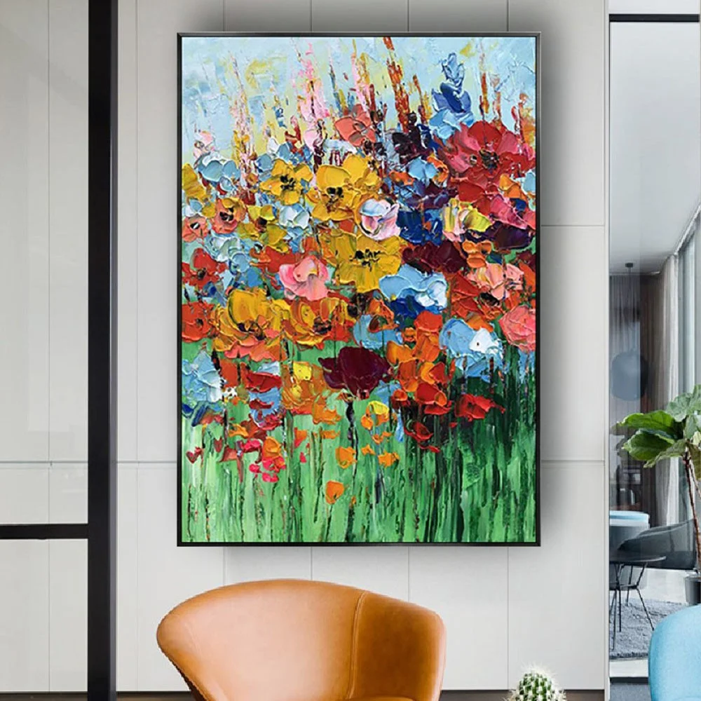 

Flower decor wall art hand painted wall picture palette knife acrylic heavy texture abstract canvas sofa oil painting home decor