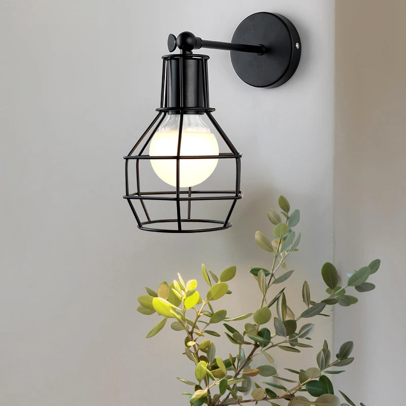 

Retro Wall Lamp E27 Industrial Iron Cage LED Bedside Wall Lamp Industrie Vintage Attic Bedroom Living Room Kitchen Bar Wall Lamp