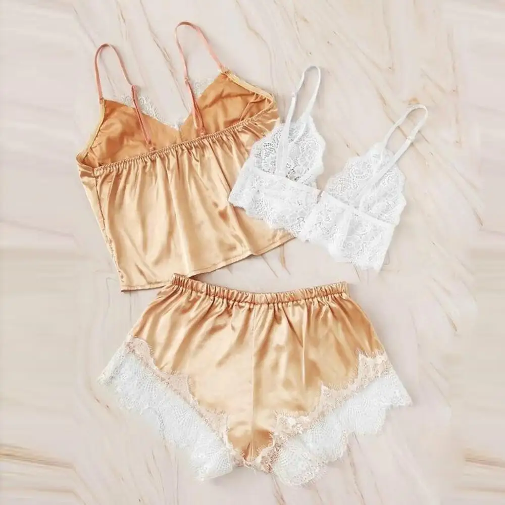 Новинка комплект кружевного атласного нижнего белья с цветочным рисунком 3 шт.