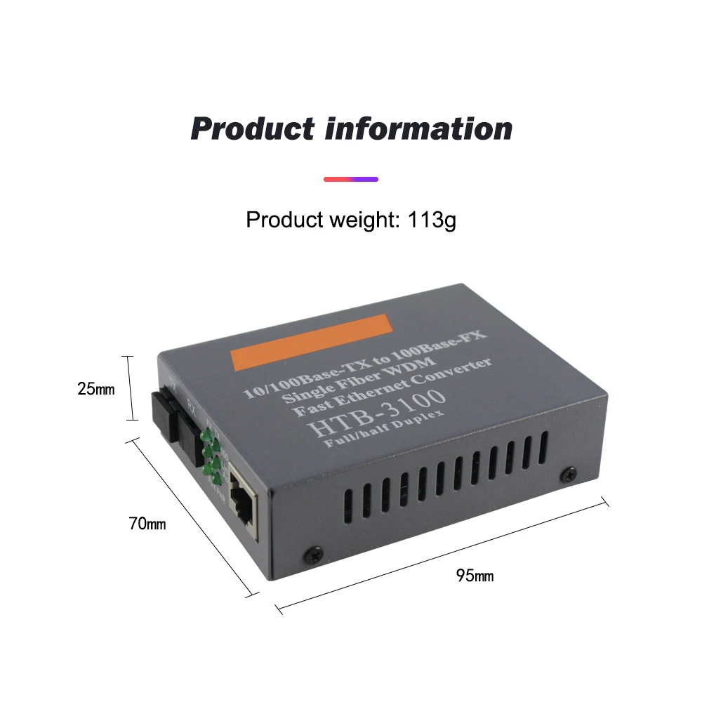 2 Pair HTB-3100AB Optical Fiber Media Converter 25km SC 10/100M Singlemode Single PCBA