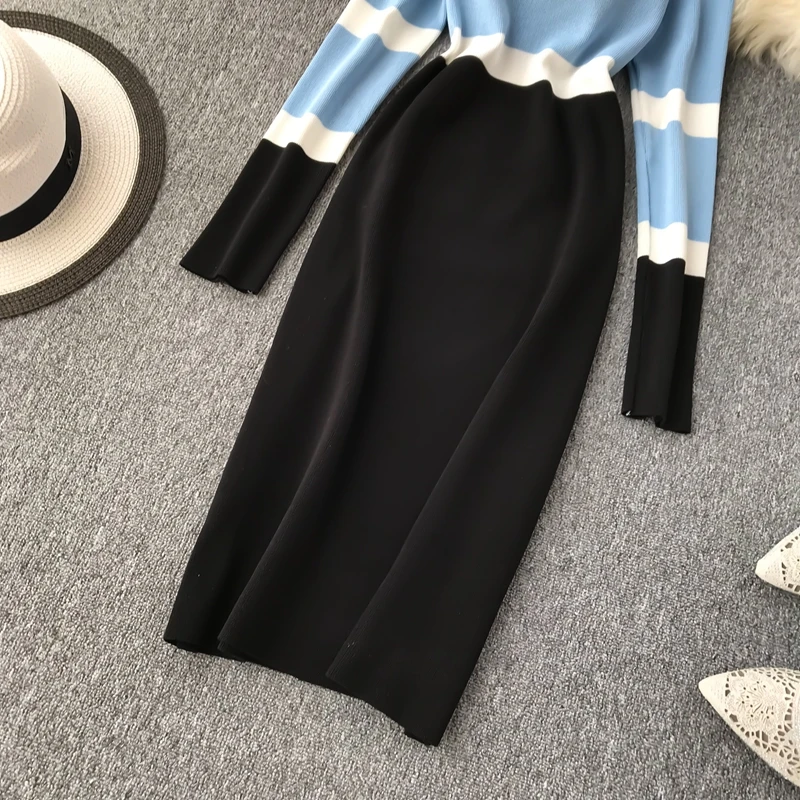 ALPHALMODA осенне-зимнее женское трикотажное платье хит цвета новое ретро с высокой талией цветное с длинным рукавом тонкое трикотажное цельное платье