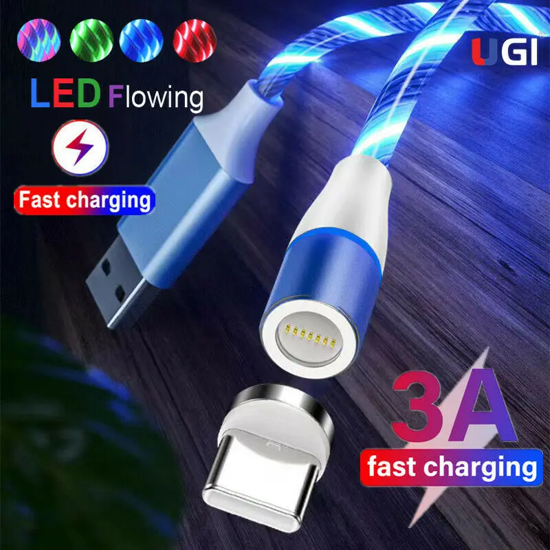 

UGI 3in1 3A Magnetic Cable Fast Charging Flowing Light LED Luminous Data Cable Type C USB C Micro USB Cable For iPhone 12 Xiaomi