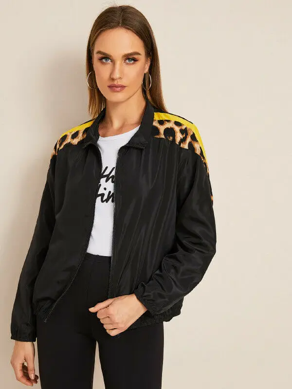 

NEW Women Spring Leopard Stitching top Zipper Punk Loose Coat Jacket Tops