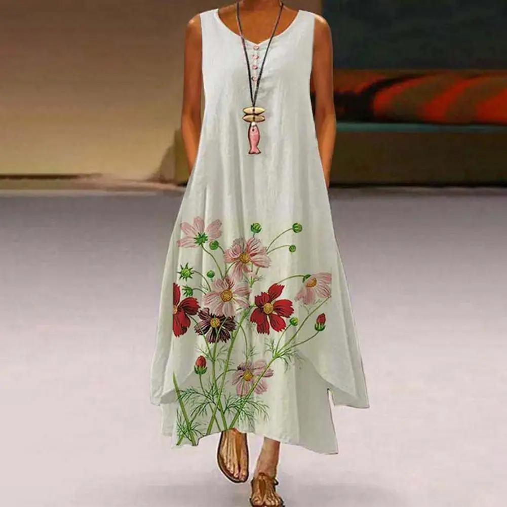 

Summer Floral Print Sleeveless Dresses women O Neck Buttons Irregular hem Maxi Dress Loose Plus Size Party Vestidos Long Dress