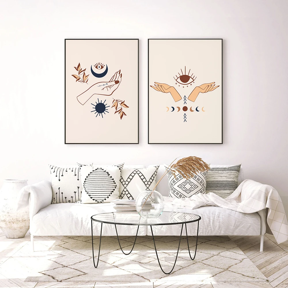 Абстрактная мистическая ручка солнце луна пейзаж бохо холст живопись настенные
