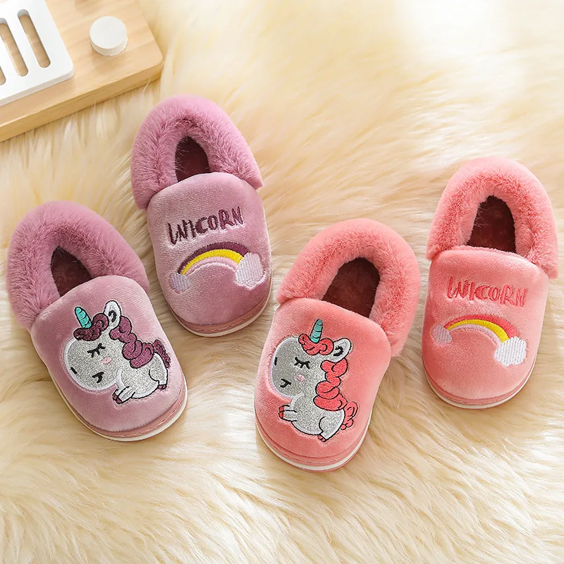 Зимние тапочки с единорогом Детские Вьетнамки Меховые шлепанцы для девочек