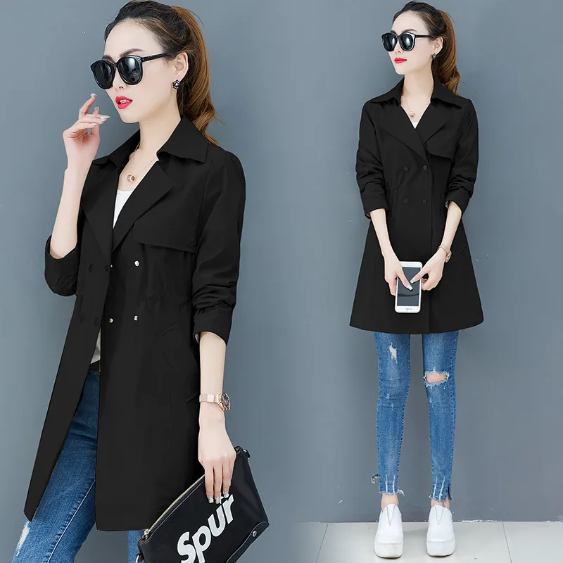 Осень 2019 новая мода женский двубортный плащ хаки средней длины пальто Тонкая