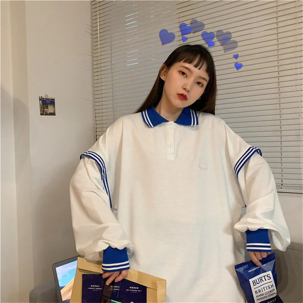 

Рубашка-поло с имитацией двух частей, женская мягкая хлопковая рубашка-поло с длинным рукавом, женские топы в стиле хип-хоп, женская футболк...