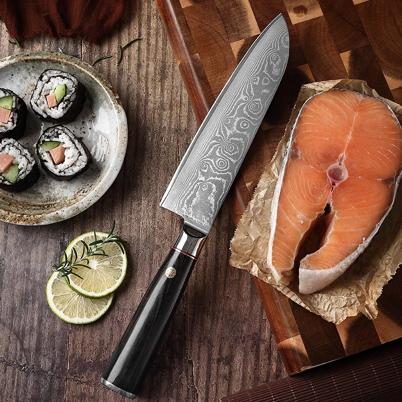 

Японский нож сантоку 7 дюймов 67 слоев 10Cr15MoV кухонные ножи из дамасской стали резак красивый нож с узорами