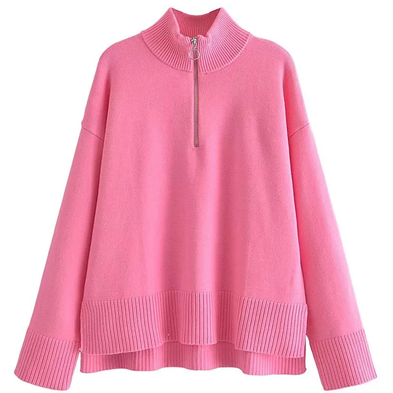 

Женский вязаный свитер на молнии Za, розовый элегантный джемпер с длинным рукавом и высоким воротником, модный Асимметричный свободный тепл...