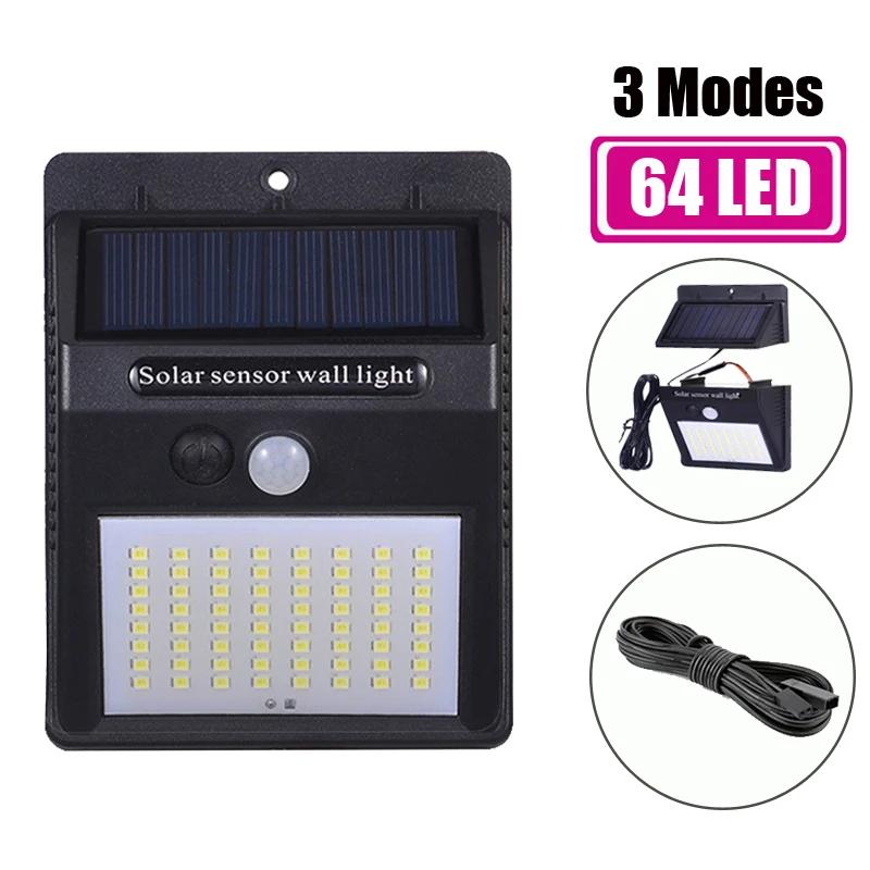 64 LED Открытый 40 светодиодов сплит Солнечный свет лампы PIR датчик движения 3 режима Водонепроницаемый отдельный сад уличная Ночная лампа настенный светильник - Испускаемый цвет: 64 LED
