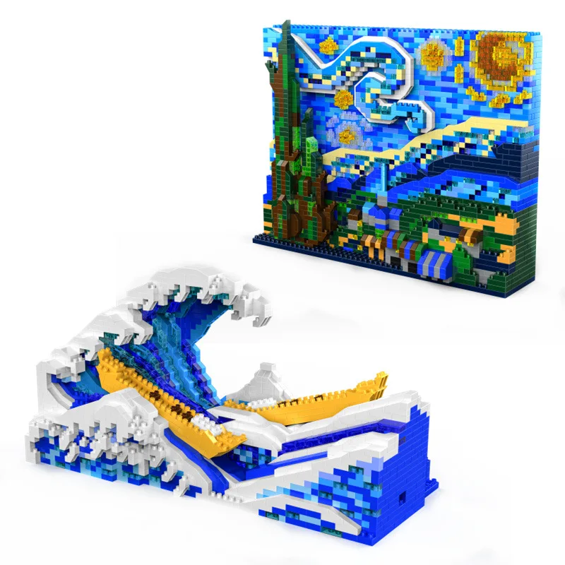 

Starry Night Building Block Famous Paintings The Great Wave off Kanagawa Assembled 3D Model Diamond Micro Bricks Toy For Collect