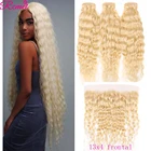 Медовые 613 светлые волнистые пучки с фронтальной застежкой бразильские светлые 3 пряди с 13x4 фронтальными предварительно выщипанными неповрежденными волосами