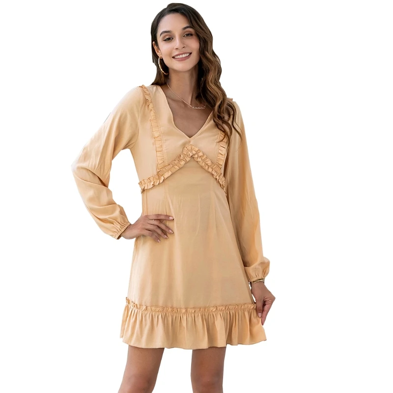 

Women Puff Long Sleeves Sexy Deep V Neck Tunic Dress Solid Color Party Sundress U50C