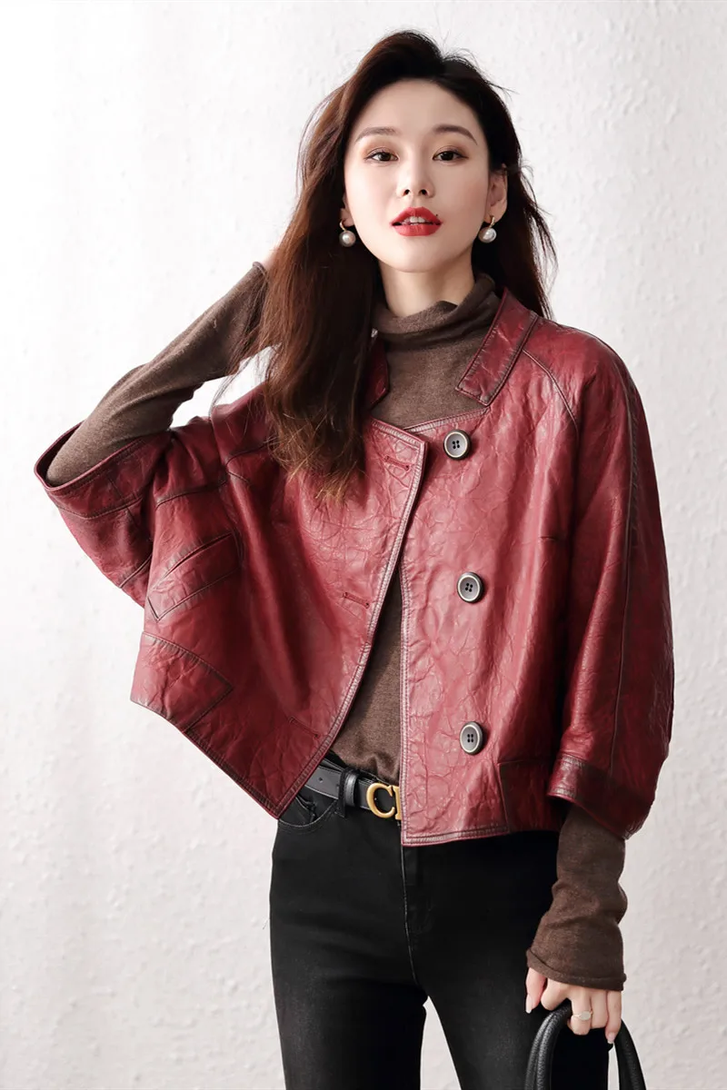 

JCHB 2021 small Korean new style cloak genuine leather coat women's short sheepskin small windbreaker jacket large size loose