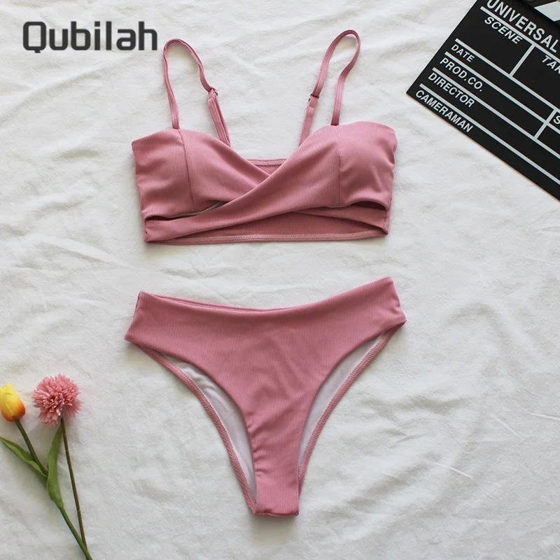 

High Waist Swimsuit Pink Color Two Piece Female Swimwear Biquini Beachwear Bathing Suits Bikini 2021New Swimsuit Bikini Floss