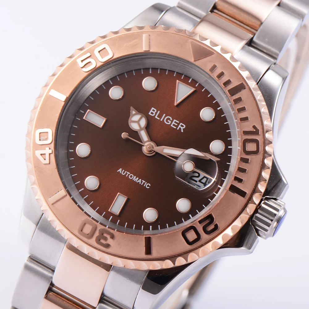 Мужские автоматические механические часы BLIGER 40 мм с циферблатом кофейного цвета