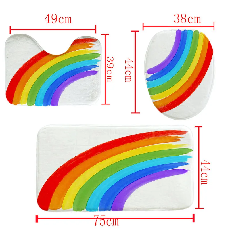 

Bright Rainbow Bath Curtain Set with Hooks Waterproof Shower Curtain Toilet Lip Cover Anti Slip Bathroom Carpet Rugs 4 Piece