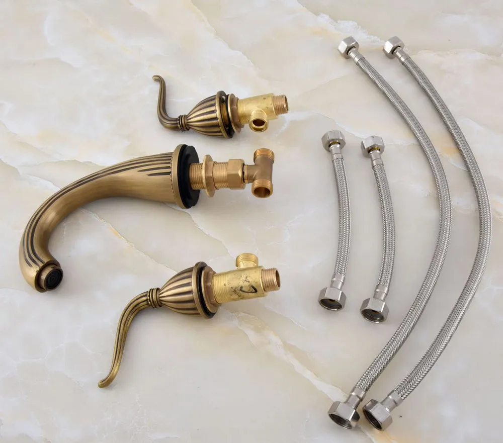 

Antique Brass 3 Hole Deck Mounted Widespread Bathroom Basin Faucet Dual Handle Tub Sink Mixer Taps Wsf631