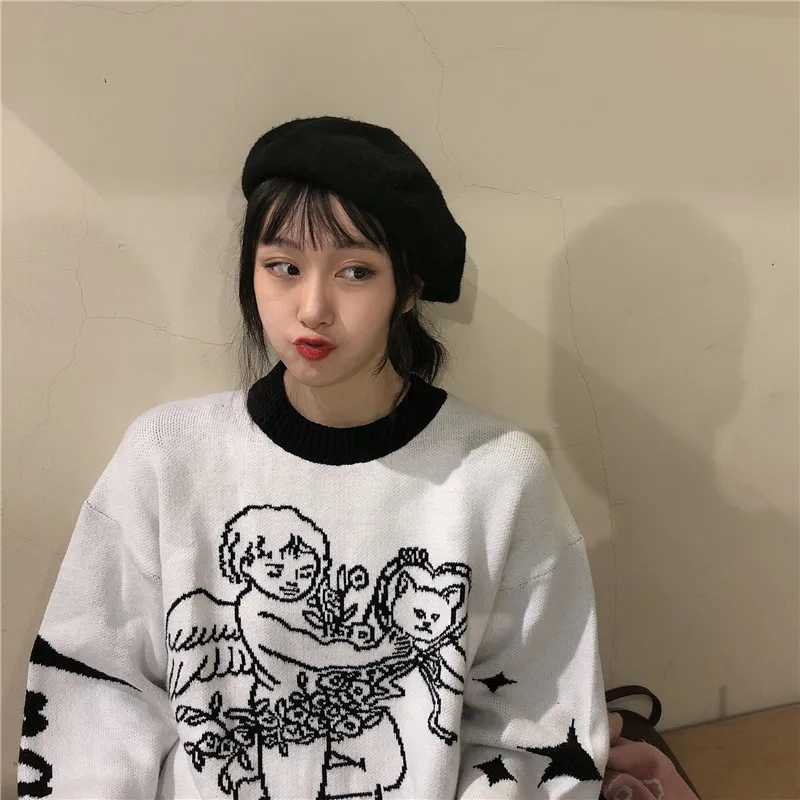 

Autumn Winter Long-sleeved Knitted Sweater New College Style Cute Cartoon Jacquard Women Sweater Korean Loose Pullover Sweater