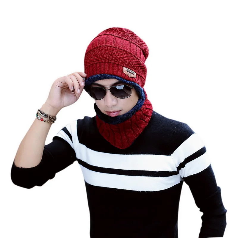 wine red1 Комплект из 2 предметов, повседневная шапка+ шарф, модный мужской комплект, новинка, зимние теплые вязаные плотные шапки с черепом и мягкие плюшевые шерстяные шарфы - Цвет: wine red1