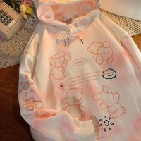 qweek tie dye bear print hoodie yami kawaii cute japanese harajuku pink sweatshirt oversized pullover hoodie 2021 women teen
