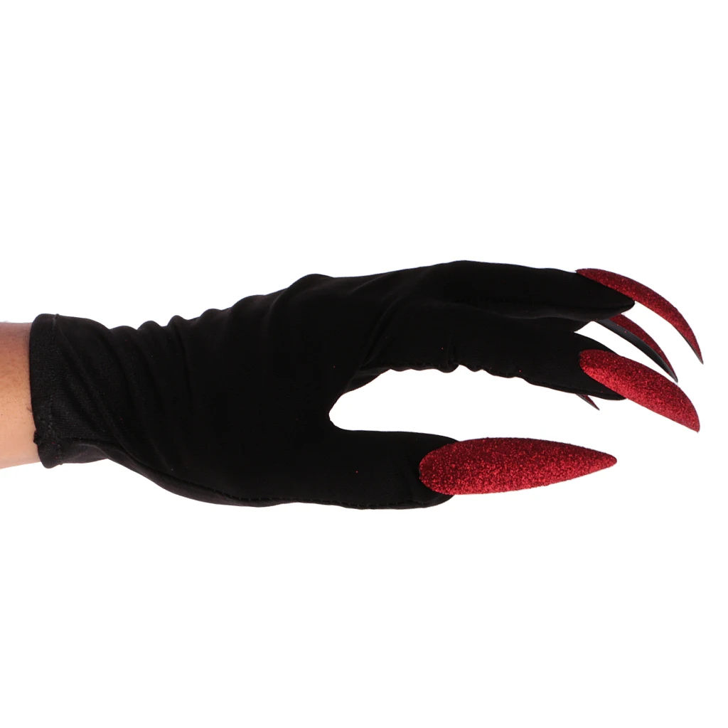 

Scary Women Witch Gloves w/ Red Glitter Nails Halloween Carnival Fancy Dress