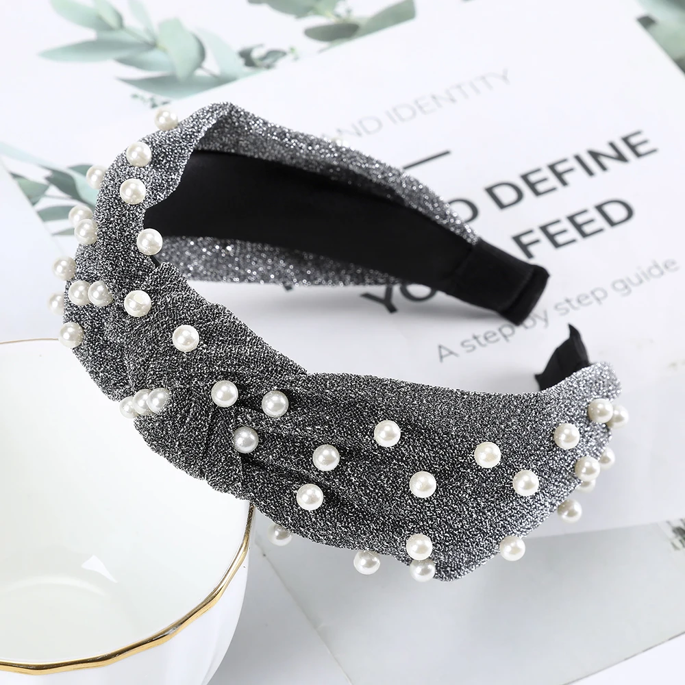Повязка на голову женская с жемчужинами модный широкий ободок из матовой ткани