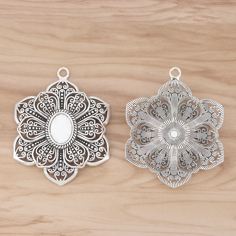 

5 Pieces Tibetan Silver Large Hollow Filigree Flower Charms Pendants Inside Blank Oval Cameo Cabochon Base Settings 13x18mm