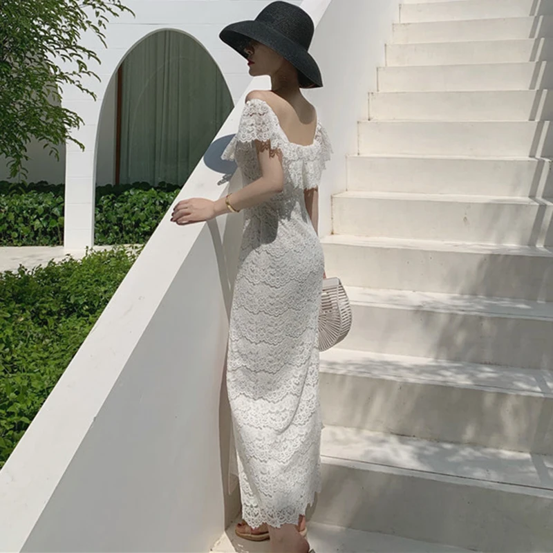 Длинное женское белое кружевное тонкое платье Лето 2022 макси с открытыми плечами