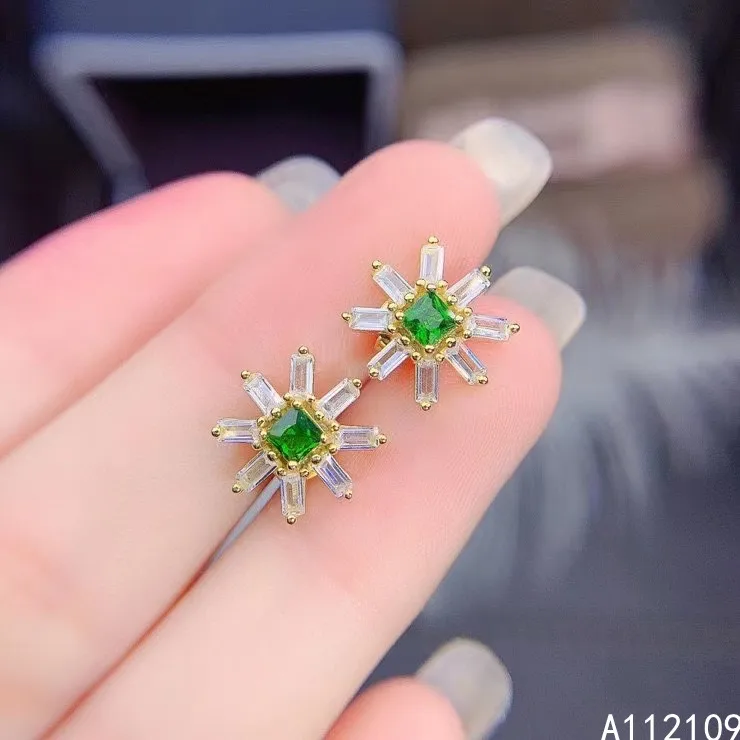 

Fine Jewelry 925 Sterling Silver Inset With Natural Gem Women's Luxury Vintagt Flower Diopside Earrings Ear Stud Support Detecti