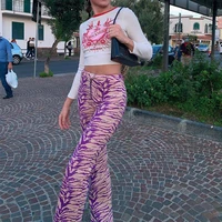 zovsv animal zebra print skinny long trousers ladies zipper y2k high waist pants capri fashion purple sweatpants streetwear