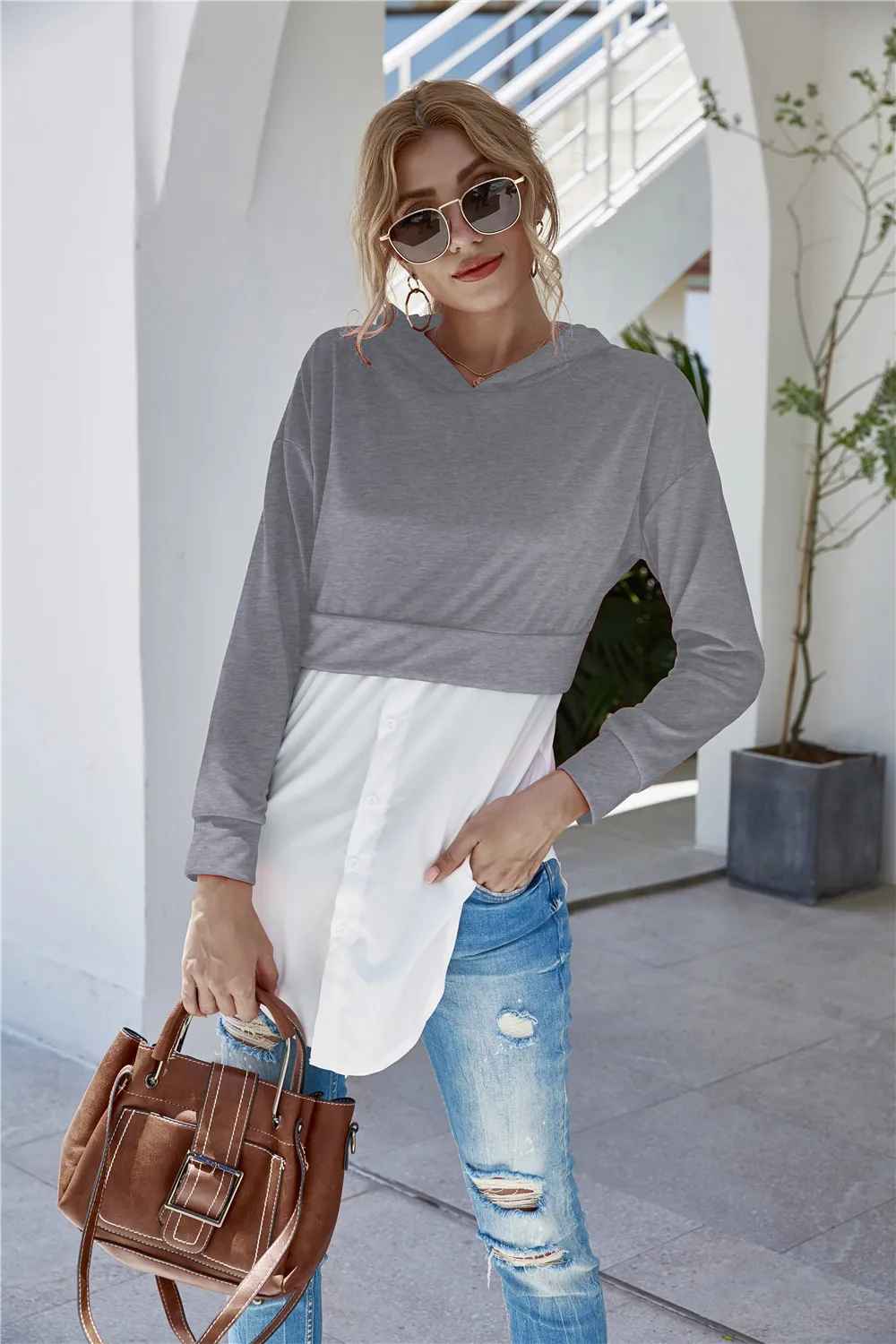 

Spring Fall Shirt Spliced Hooded Hoodie Women Casual Long Sleeve Sweatshirts Slim Fashion Split Female Pullover Tops