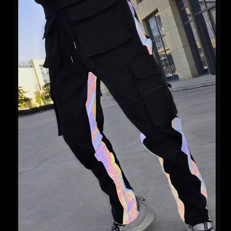 

2021 Spring And Autumn New Colorful Reflective Strip Men's Sports Pants Hip-Hop Zipper Pants Casual Trend Seven-Color Pants