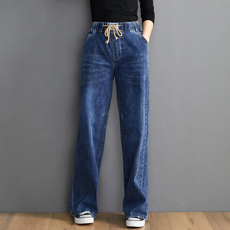 

High Waist Women Casual Jeans New Arrival 2020 Autumn Korean Style Vintage All-match Loose Ladies Denim Wide Leg Pants S2502