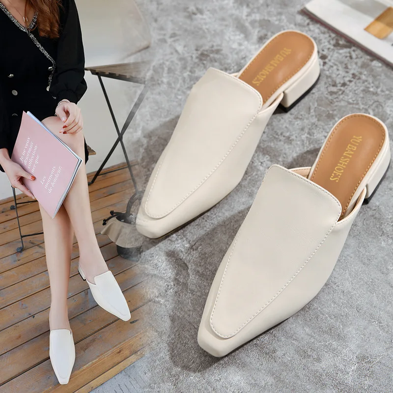 Мюли женские на толстом каблуке однотонные шлепанцы квадратный носок