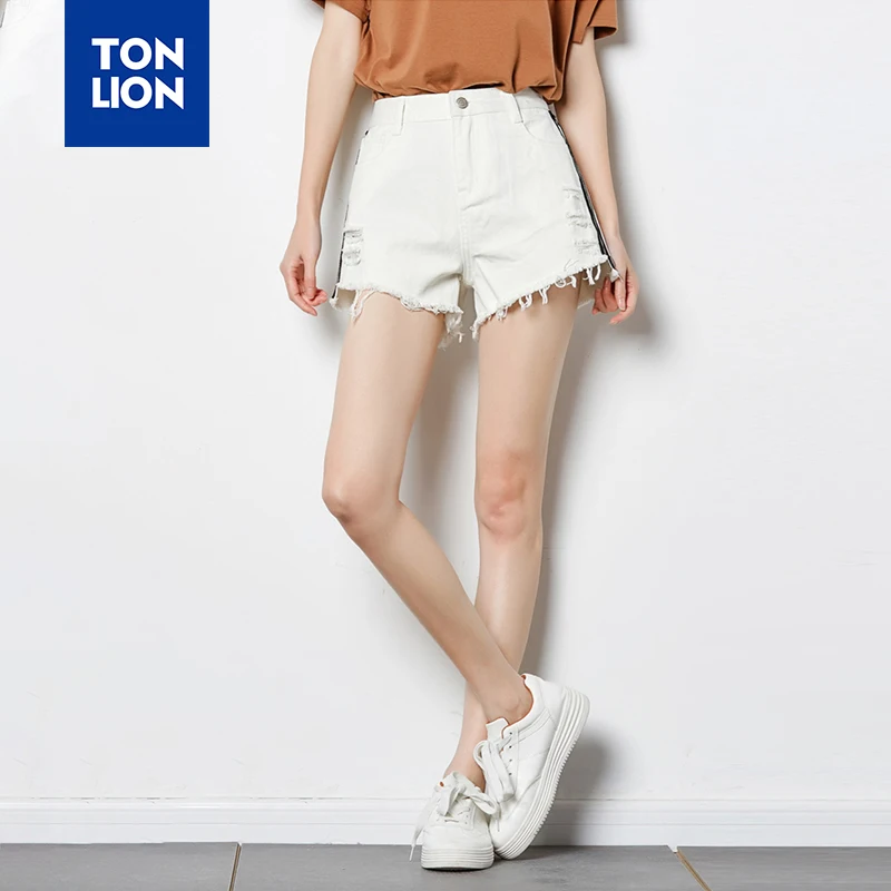 Женские джинсы с высокой талией TONLION черные белые сексуальные короткие рваные