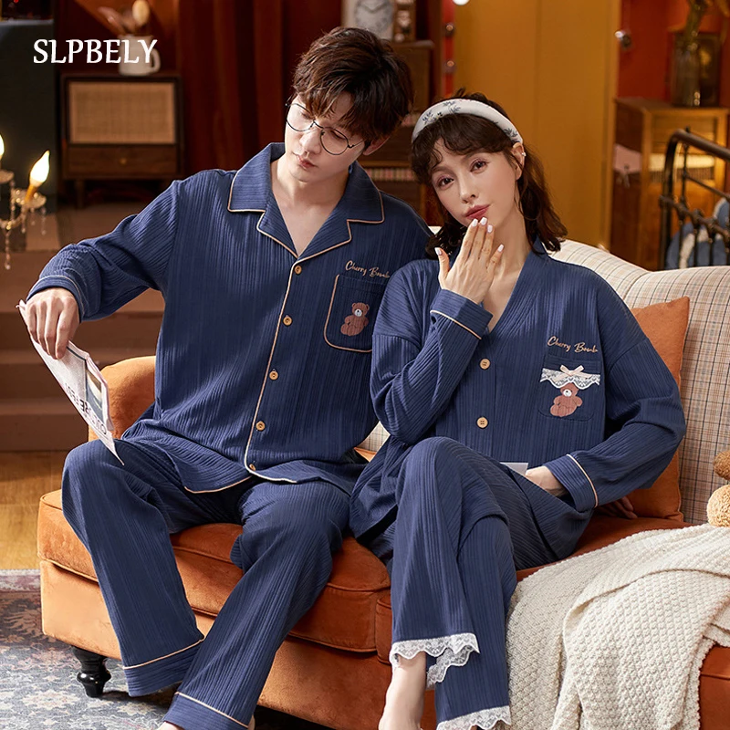 

SLPBELY Cotton Couple Pajamas Homesuit Set Autumn Casual Lapel Men Women Long Sleeves Lover Homewear Cardigan Pyjamas Nightwear