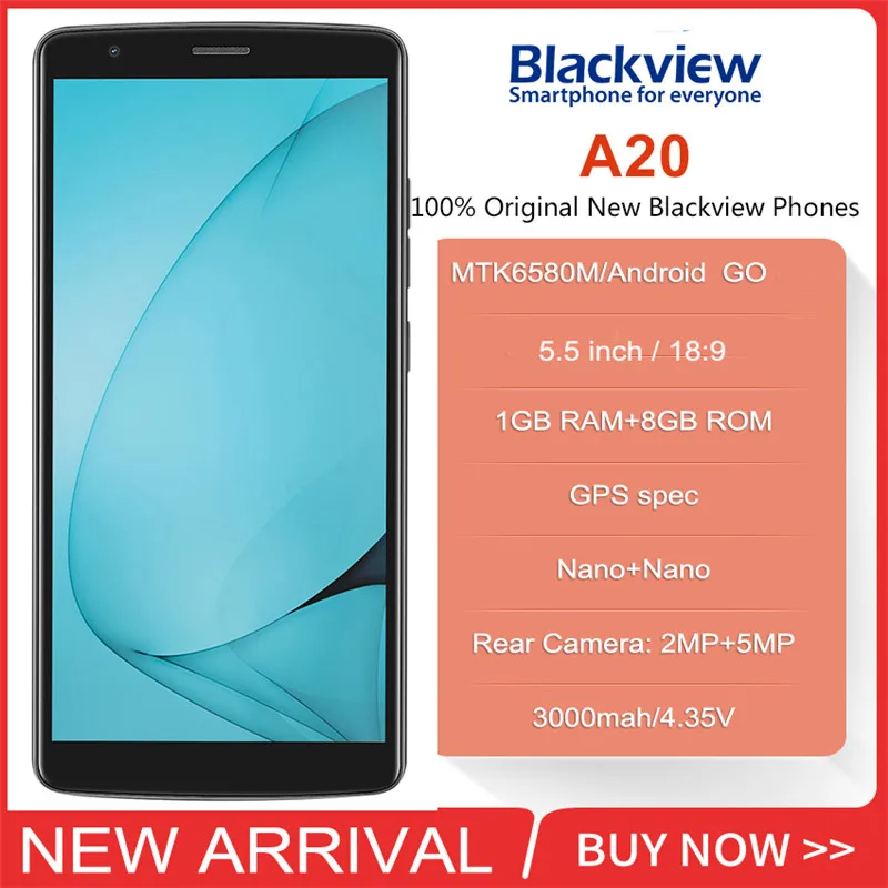 

Blackview A20 смартфон с 5,5-дюймовым дисплеем, четырёхъядерным процессором MTK6580M, ОЗУ 1 ГБ, ПЗУ 8 ГБ, 18:9, 3G