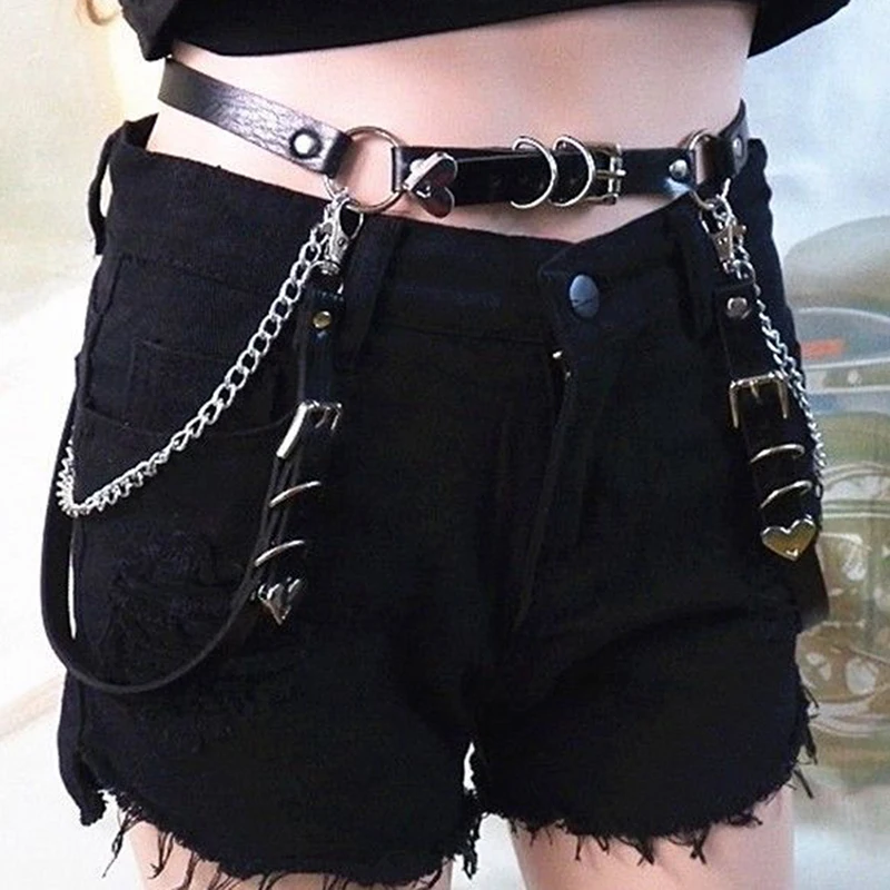 

Gothic Faux Leather Belt Lady Pin Metal Chain Ring Waist Strap Street Dance Decorate Belts For Women Girl Jeans Black