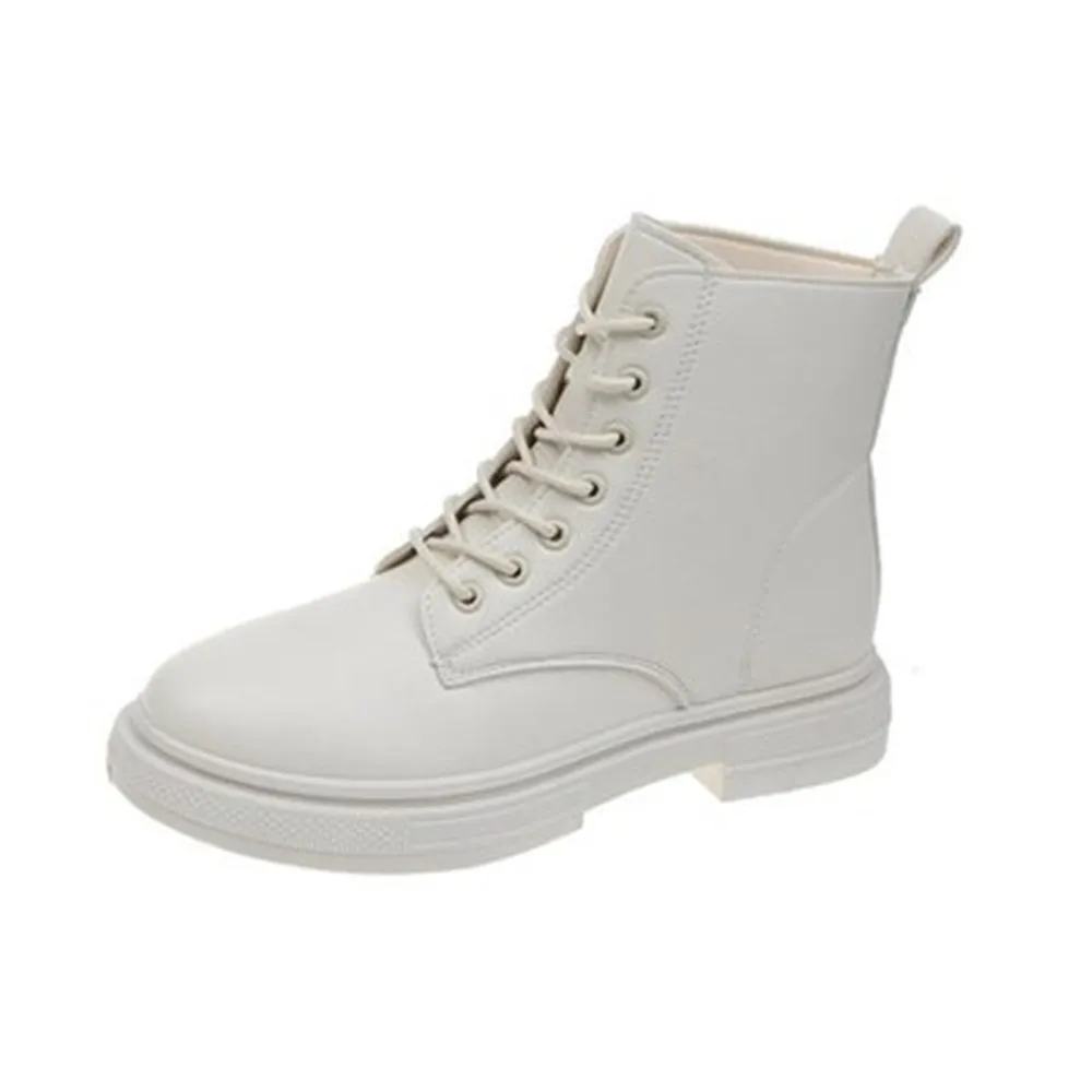 Ankle Boots Women Fashion Leather Lace-Up Round Toe Lady Square Heel Motorcycle Booties Autumn Platform Shoes Beige Black 35-40