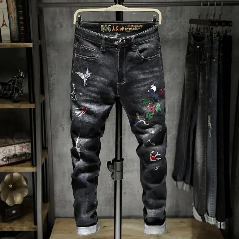 

New Arrivals Men's Fashion Casual Jeans Vintage Denim Long Pants Motorcycle Wrinkle Trousers