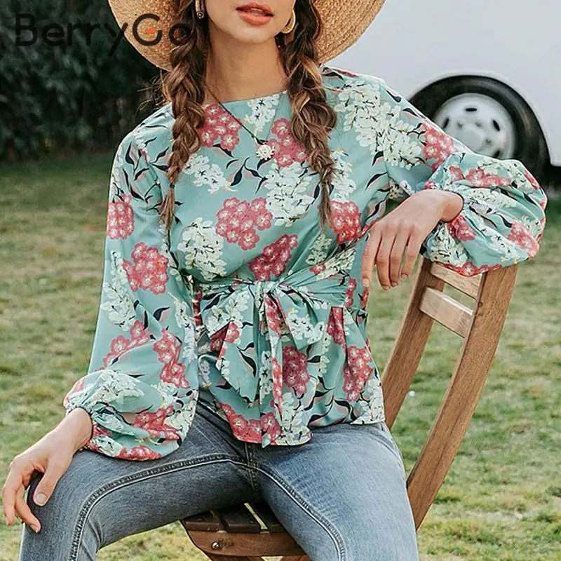 BerryGo Повседневная блуза с длинным рукавом и цветочным принтом Женская винтажная