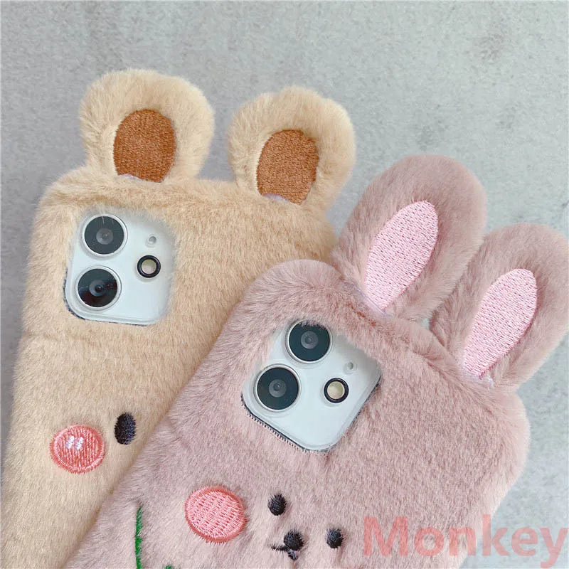 rabbit ears fur plush phone case for oneplus 9 8 7 pro 6 5 3 one plus 9r 8t 7t 6t 5t 3t nord z n10 cute bunny radish cover coque free global shipping