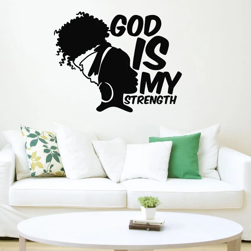 

African Girl Wall Decal God Is My Strength Quotes Wall Sticker Africa Woman Bedroom Living Room Home Decor Vinyl Art 4169