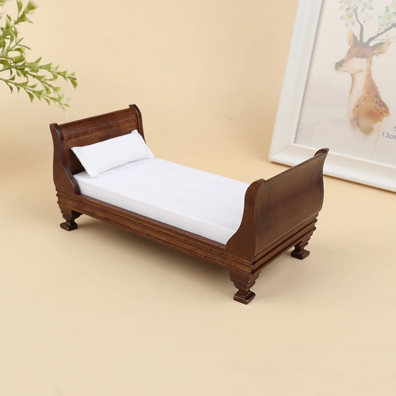 1pcs 1:12 Dollhouse Miniature Wooden Single Bed Model Doll House Furniture Accessories
