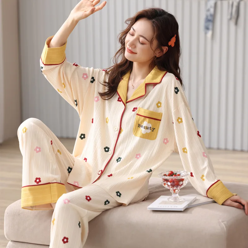 

Cardigan Lapel Pajamas Long Sleeved Cotton Women's Pajama Set Plus Size Loose Simple Pajama Sets Home Service Sleepwear M-2XL