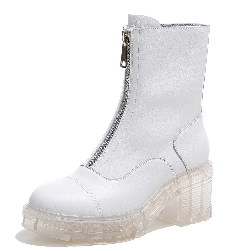 Черные кожаные полусапожки Новые модные женские высокие сапоги на толстом